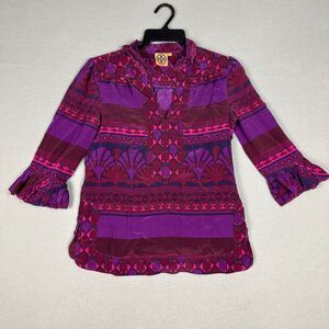 Tory Burch Womens Size 6 Silk Ruffle High V-Neck 3/4 Tunic Blouse Purple Pink